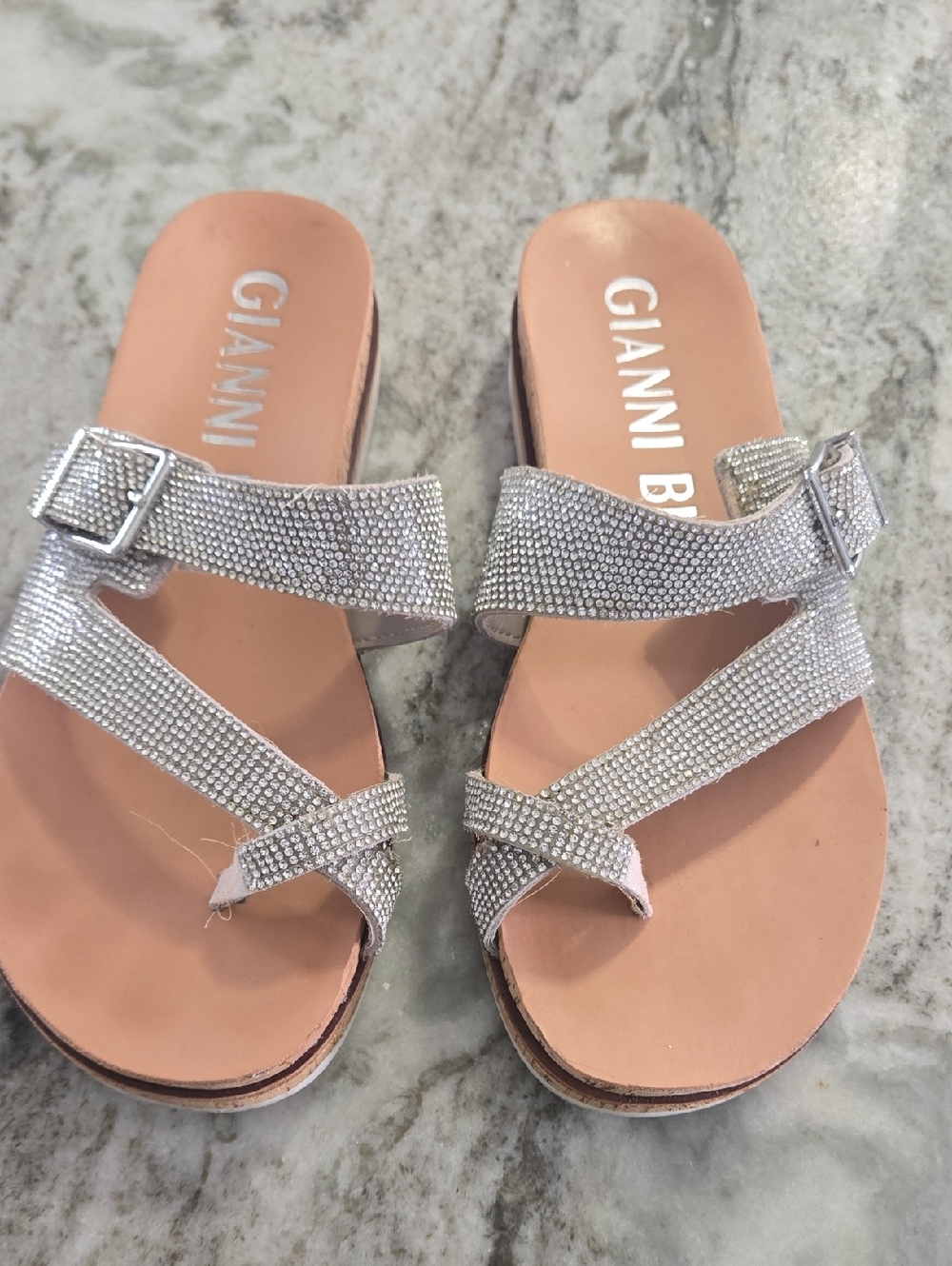 Gianni Bini Silver Crystal Strappy Slide Sandals